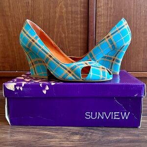 Sunview Teal and Orange Plaid Heels, Size 7